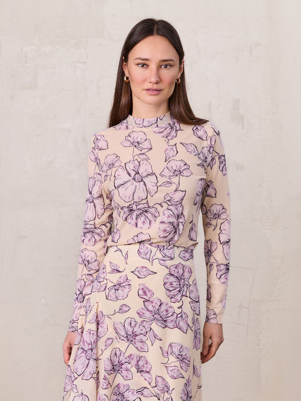 Mesh Crew Neck Print Top-Lavender Floral