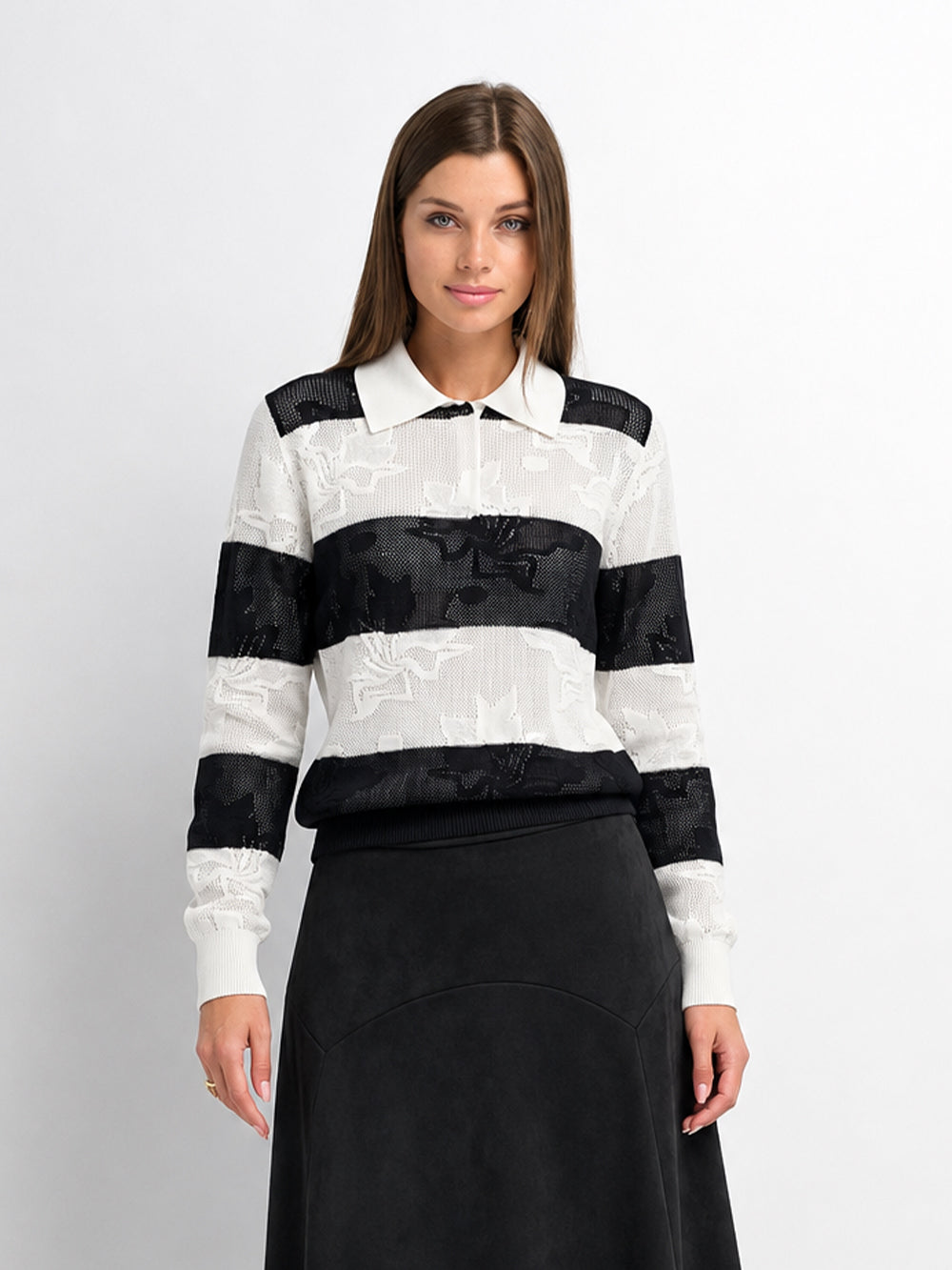 Mesh Floral Polo Top-Black/White Stripe