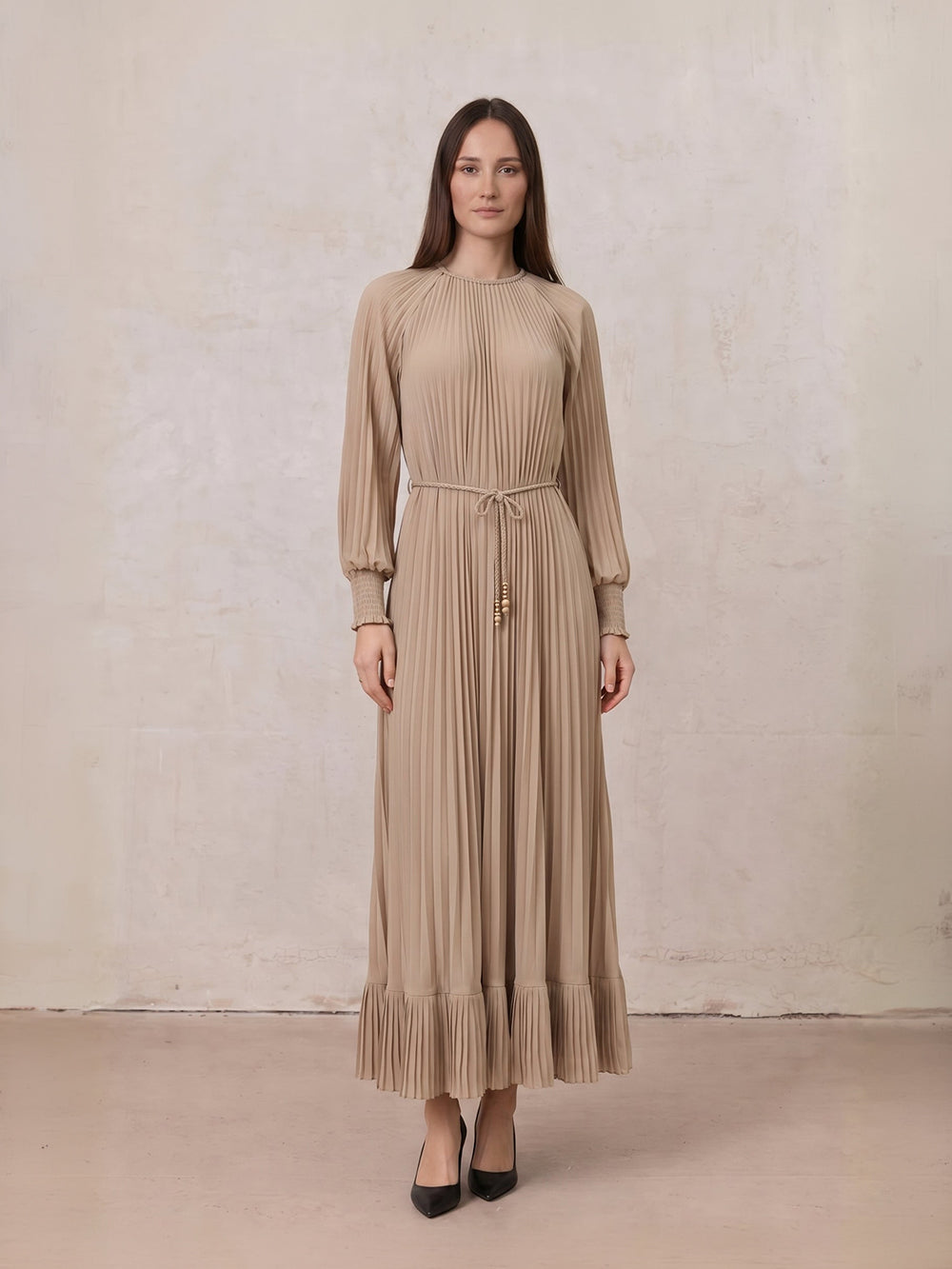 Micro Pleat Dress-Tan