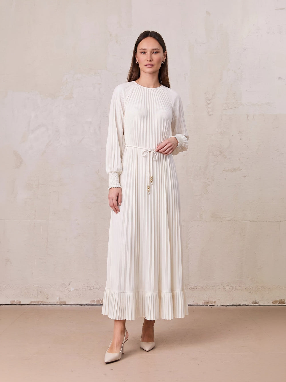 micro pleated dress Stella & Rose Women's Pleat Maxi Long Sleeve Tie Waist Gown - Size XL it delivers polished sophistication Bardot Althea Mesh Midi Color:Sky Captain white-cuff