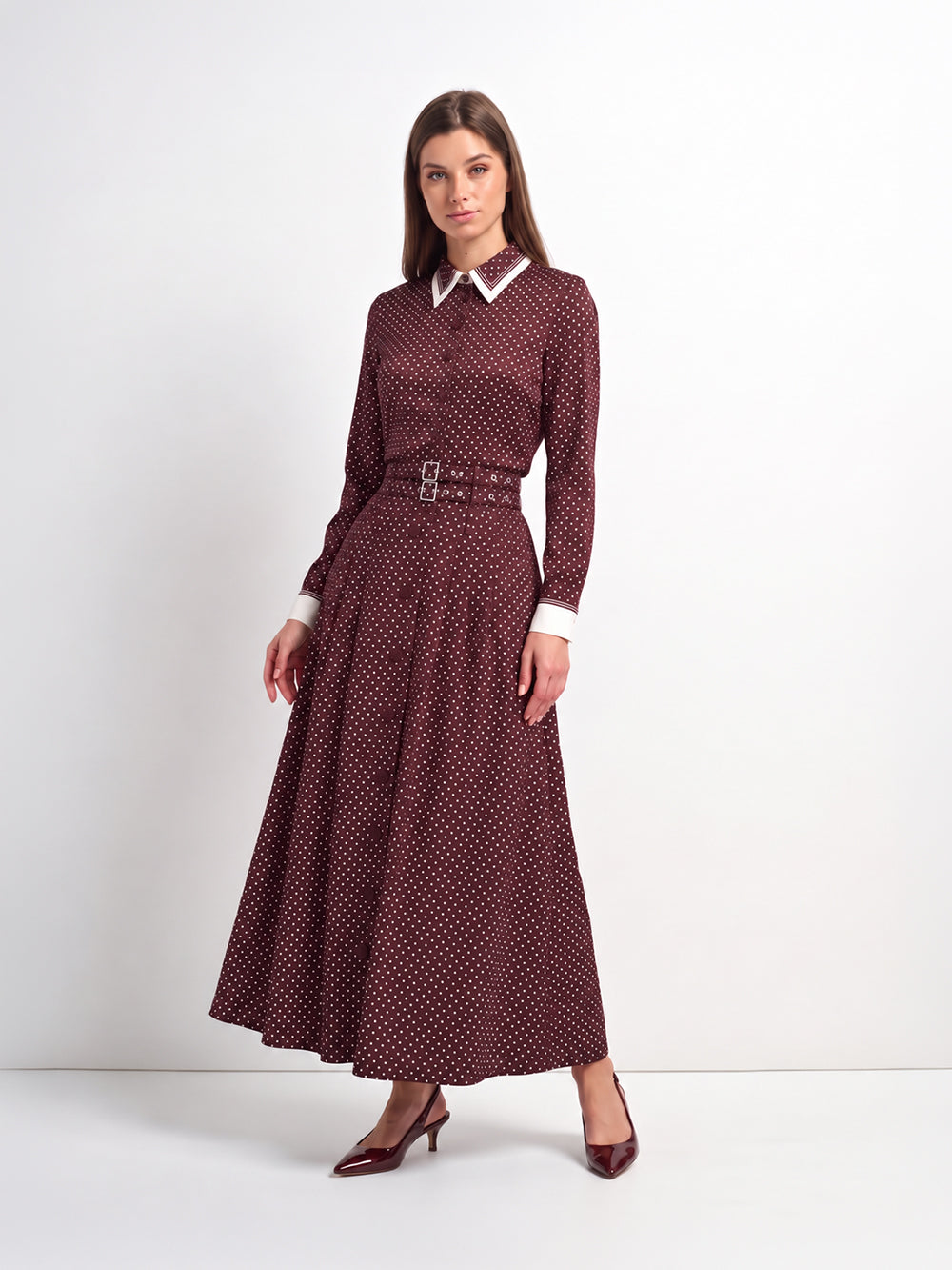 Mini Dot Double Belt Skirt - Burgundy