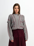 Mix Cable Striped Sweater - Grey/Burgundy