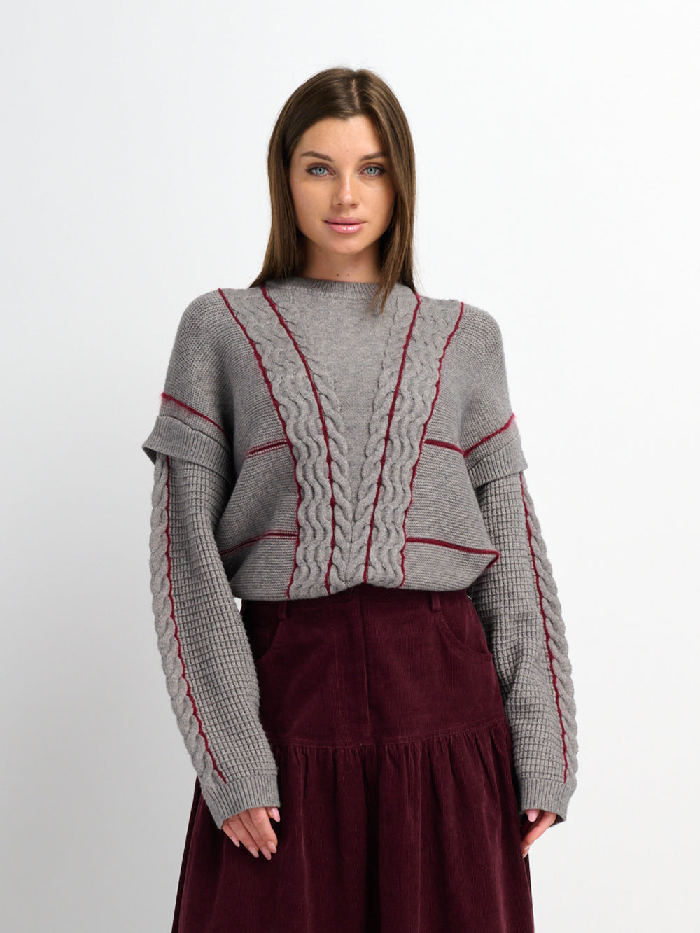 Mix Cable Striped Sweater - Grey/Burgundy