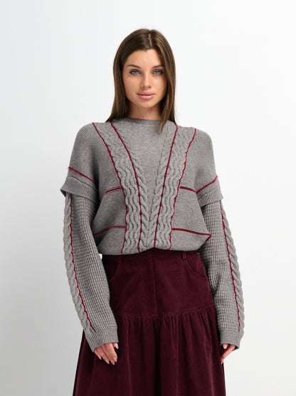Mix Cable Striped Sweater - Grey/Burgundy