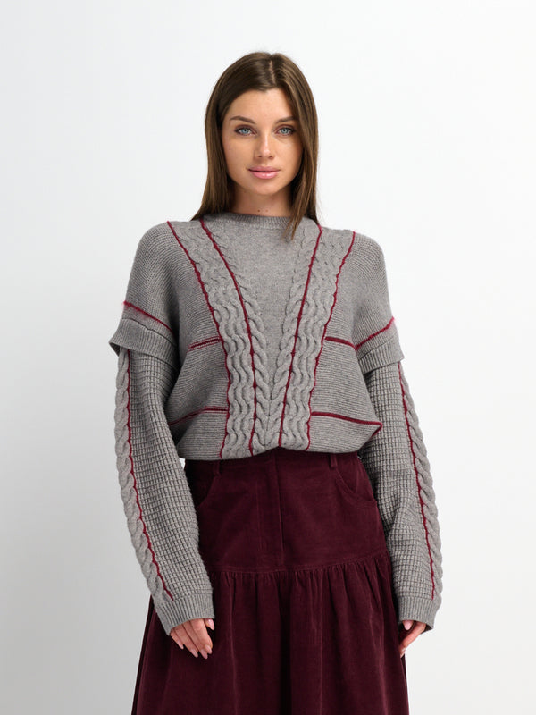 Mix Cable Striped Sweater - Grey/Burgundy