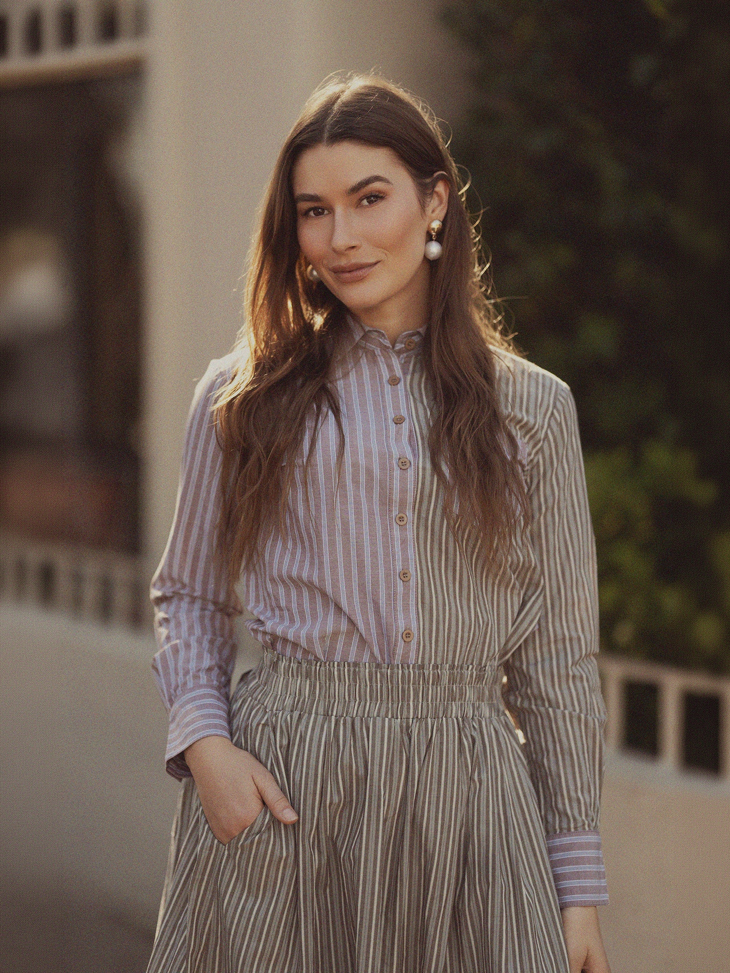 Mix Pinstripe Button Down Shirt-Khaki Stripe