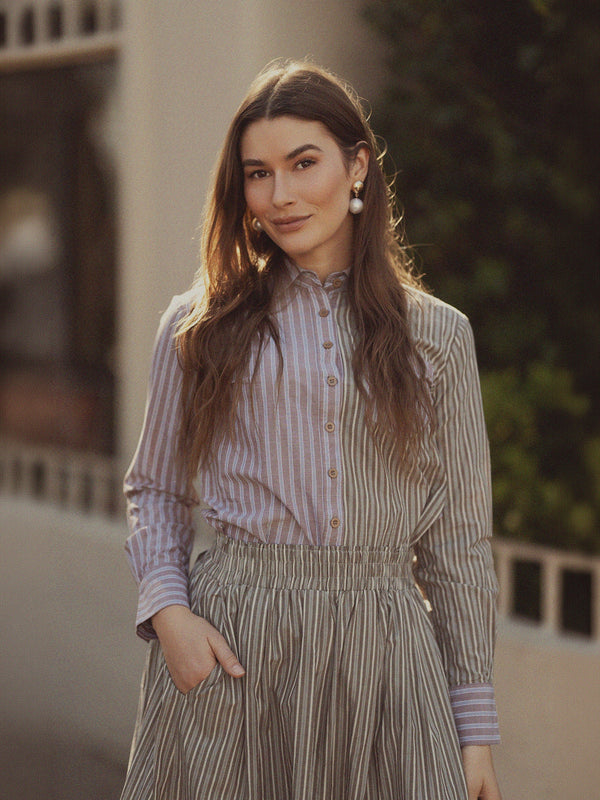 Mix Pinstripe Button Down Shirt-Khaki Stripe