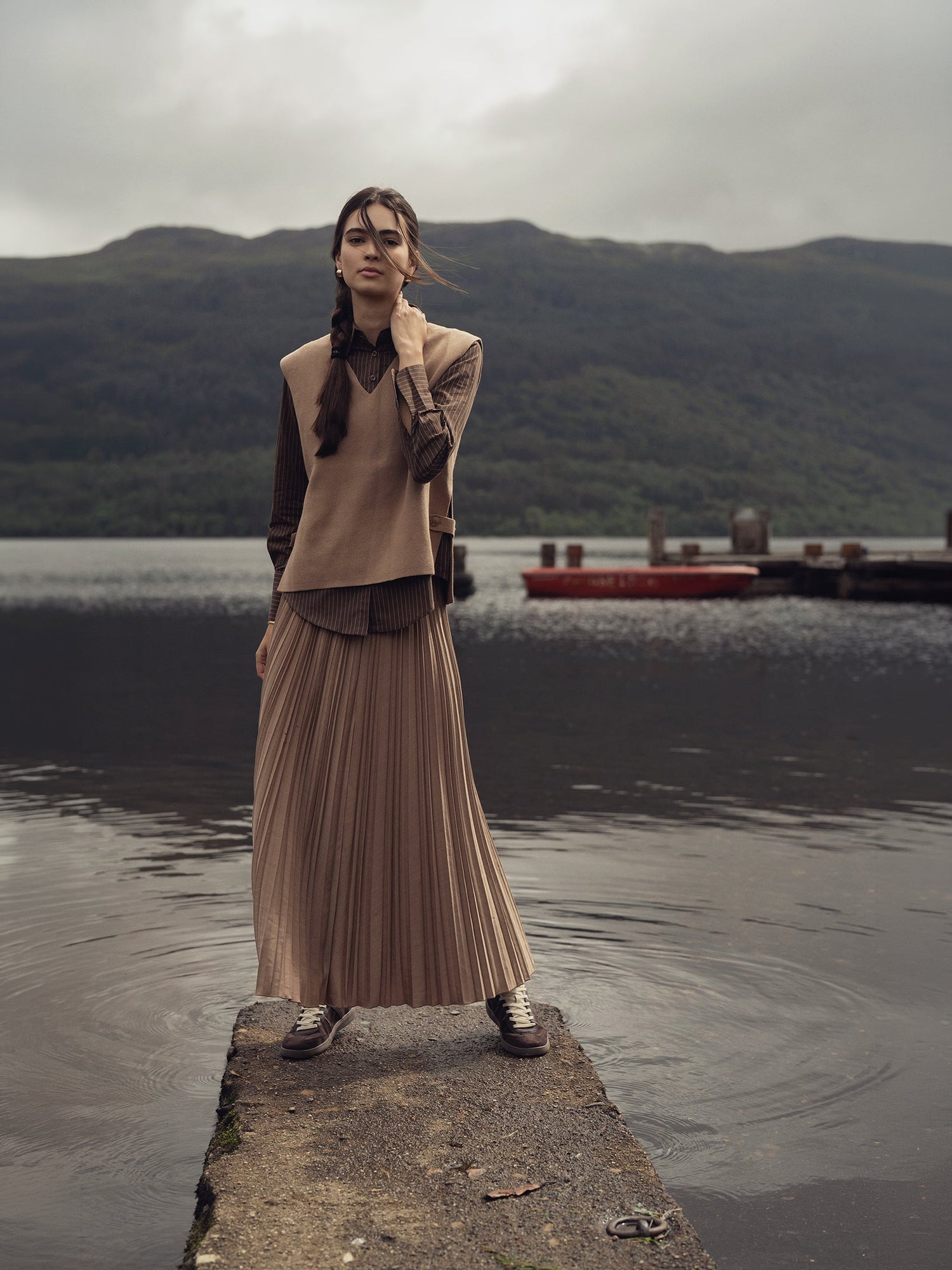 Mix Pleat Skirt-Camel