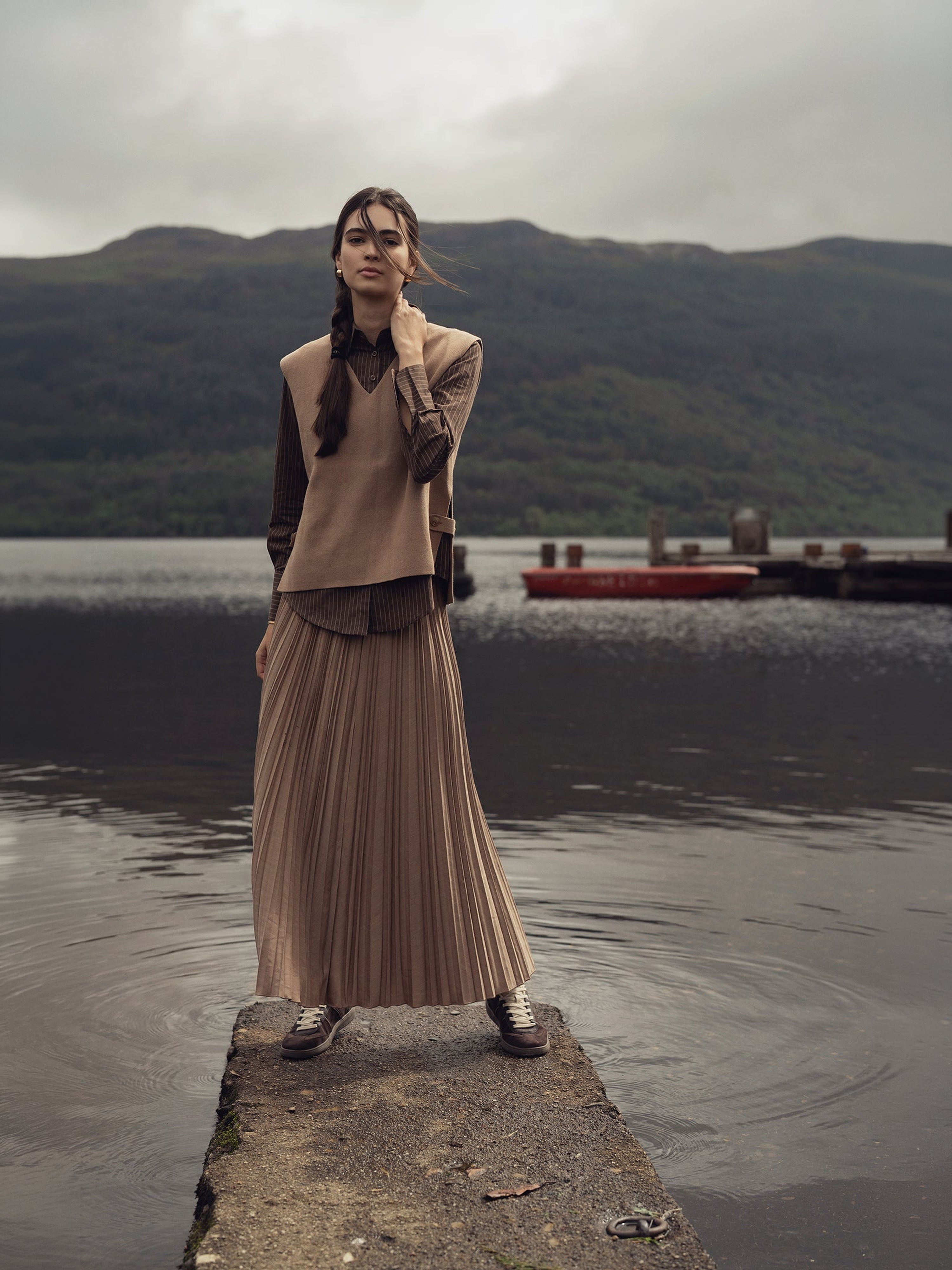 Mix Pleat Skirt-Camel