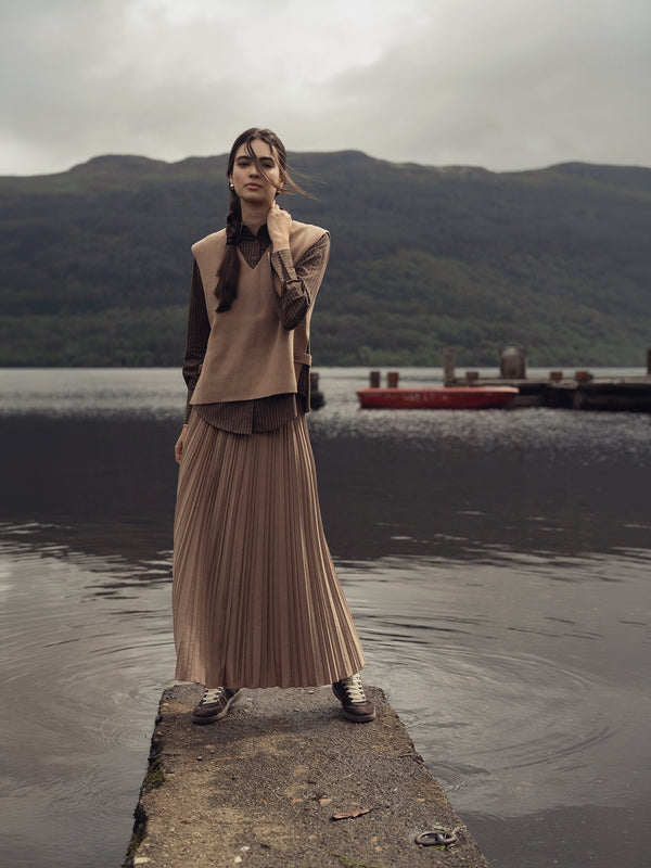 Mix Pleat Skirt-Camel