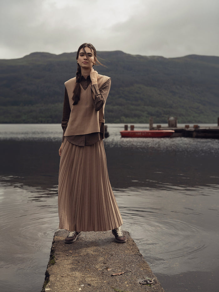 Mix Pleat Skirt-Camel