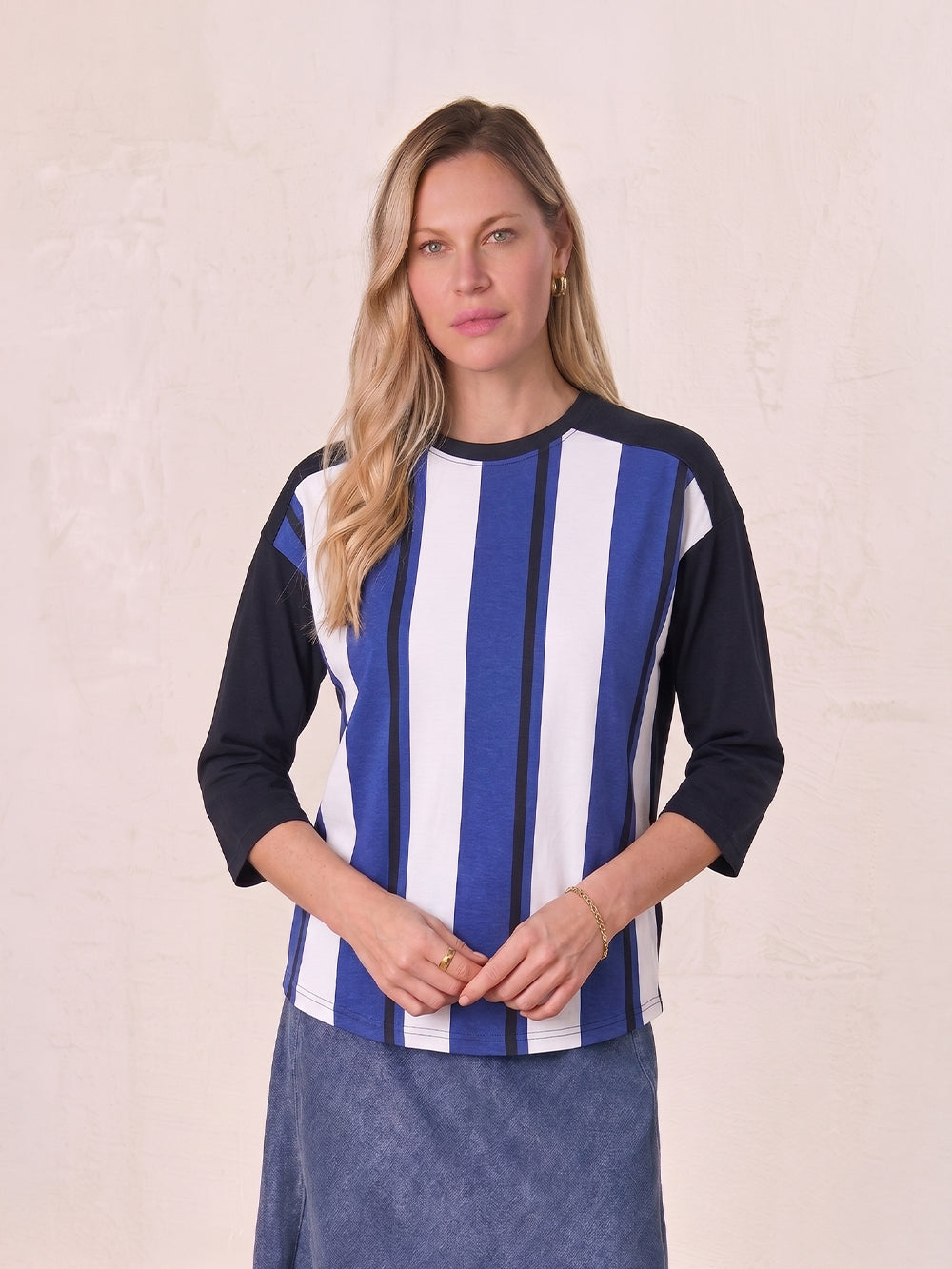Mix Stripe Boxy Tee-Cobalt/Navy