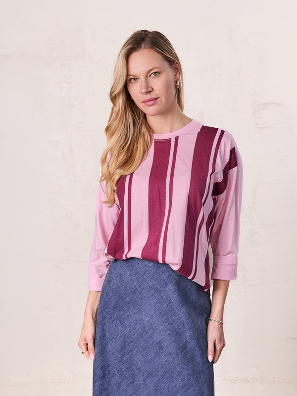 Mix Stripe Boxy Tee-Pink/Burgundy