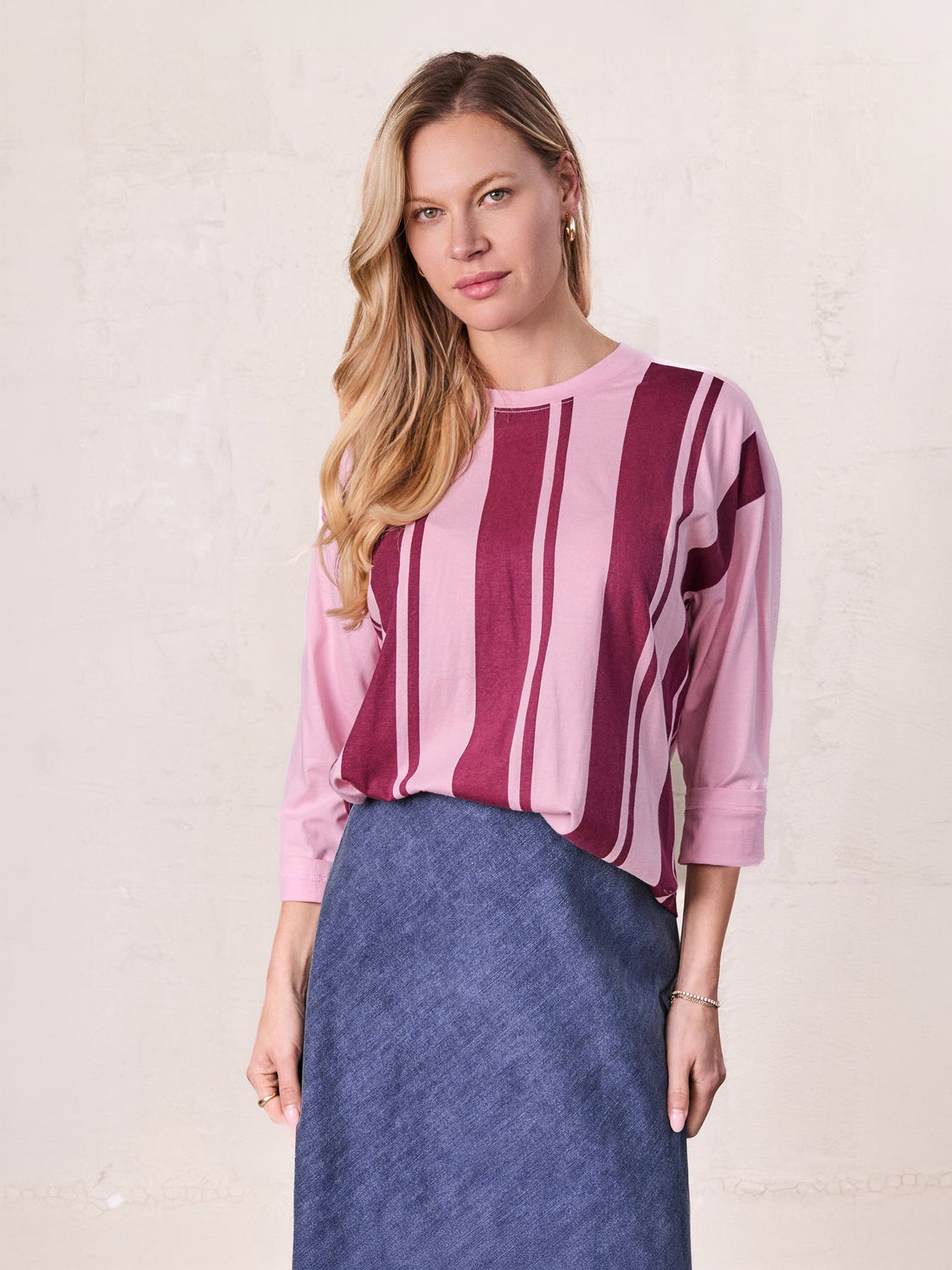 Mix Stripe Boxy Tee-Pink/Burgundy