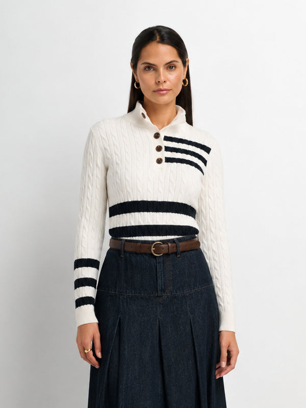 Mix Stripe Cable Sweater - White and Navy