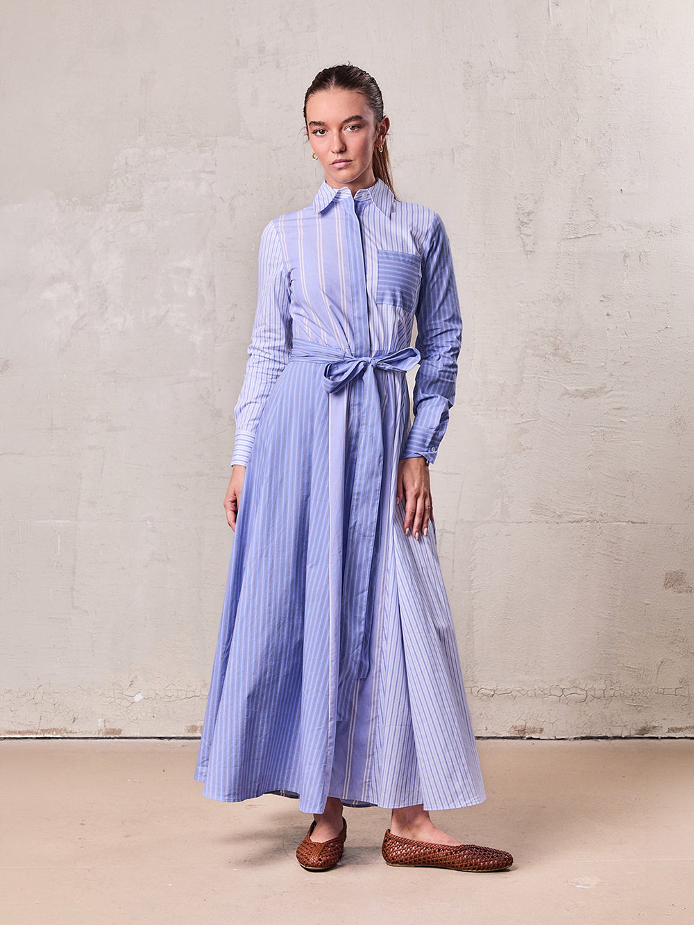Mixed Pinstripe Belted Shirtdress-Blue