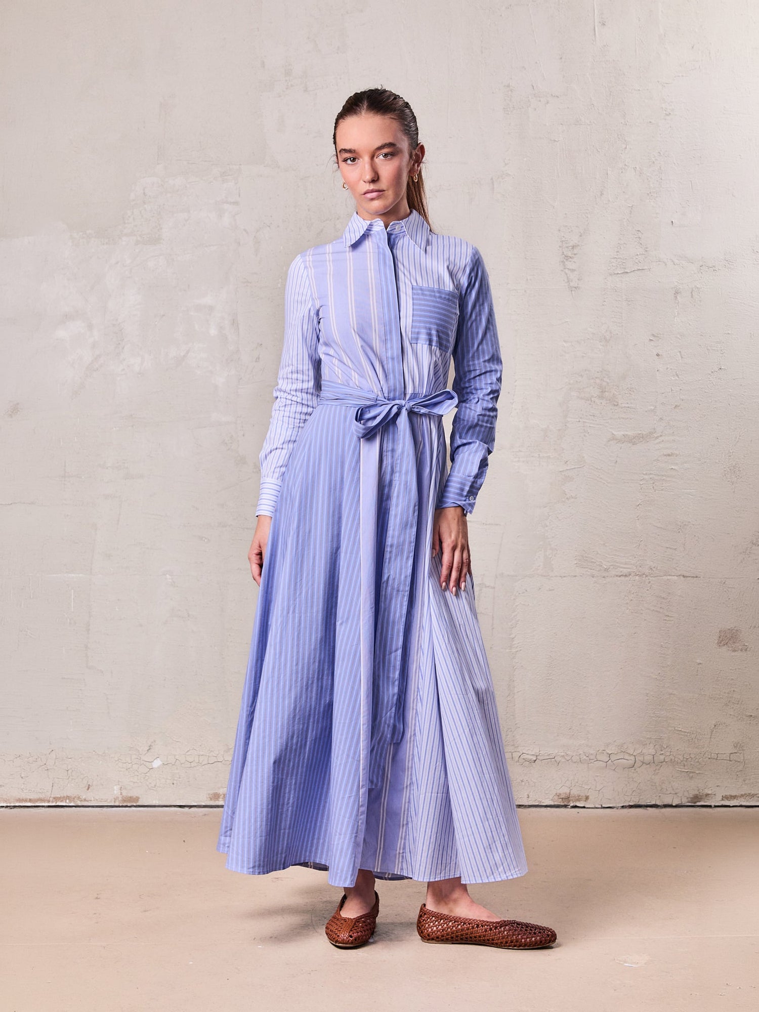 Mixed Pinstripe Belted Shirtdress-Blue