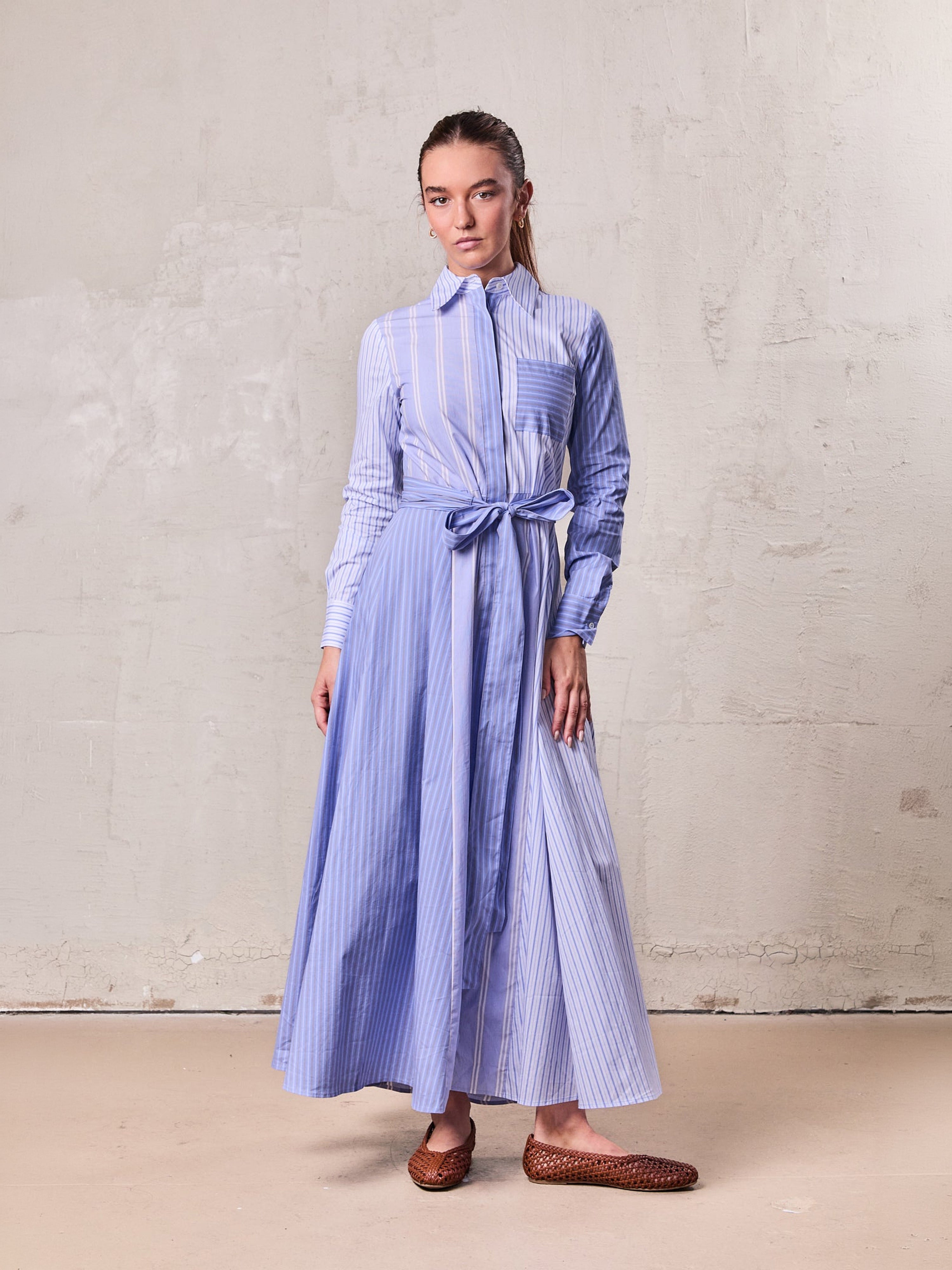 Mixed Pinstripe Belted Shirtdress-Blue