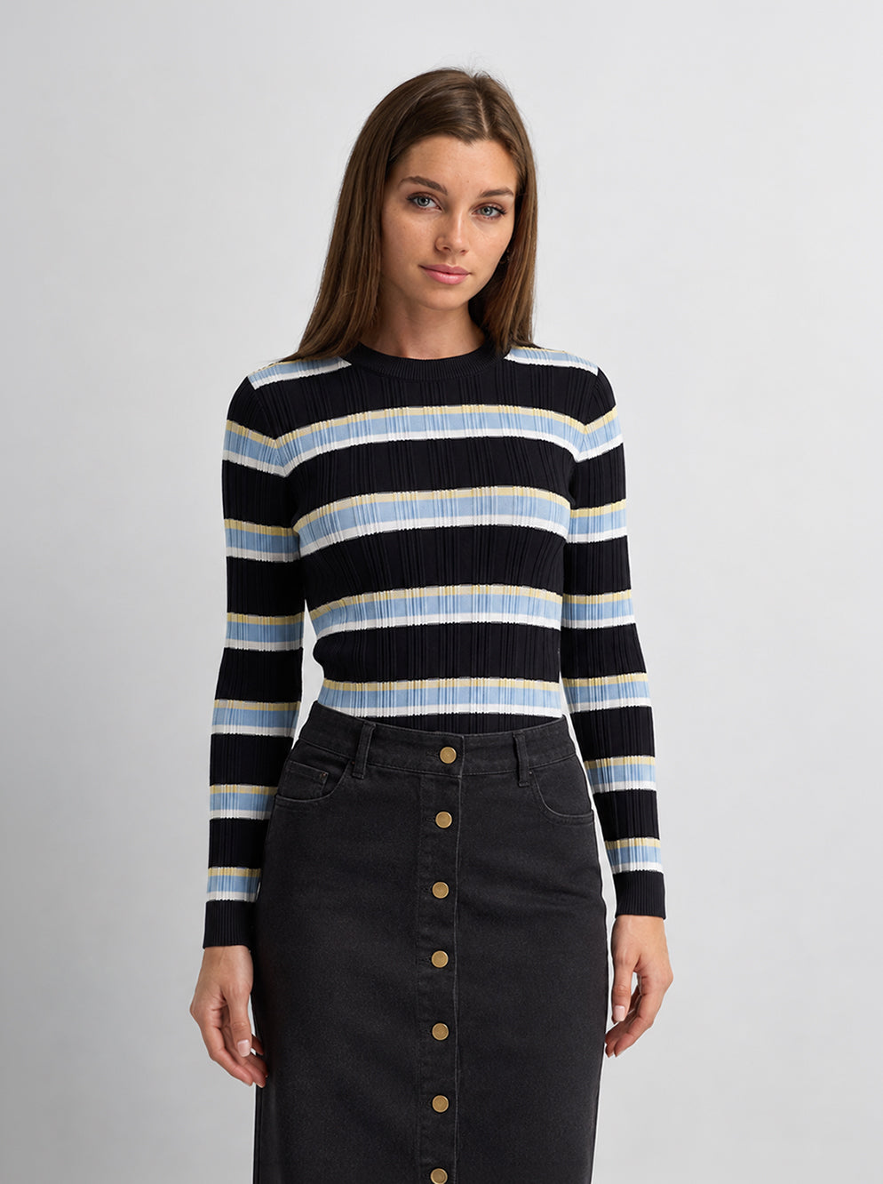 Mixed Ribbed Stripe Sweater - Black