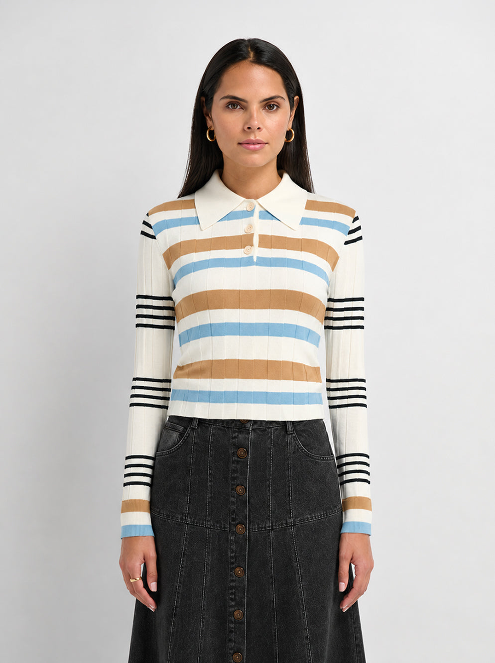 Mixed Stripe Ribbed Polo - Tan/Light Blue