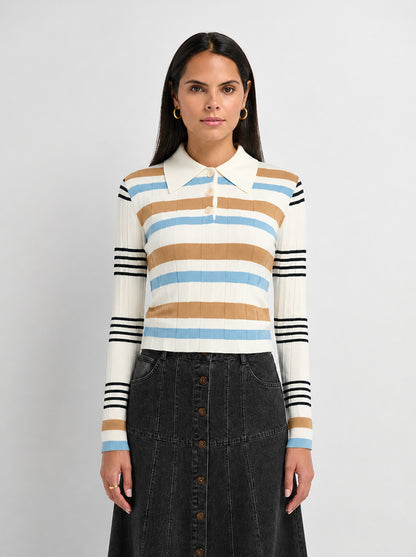 Mixed Stripe Ribbed Polo - Tan/Light Blue