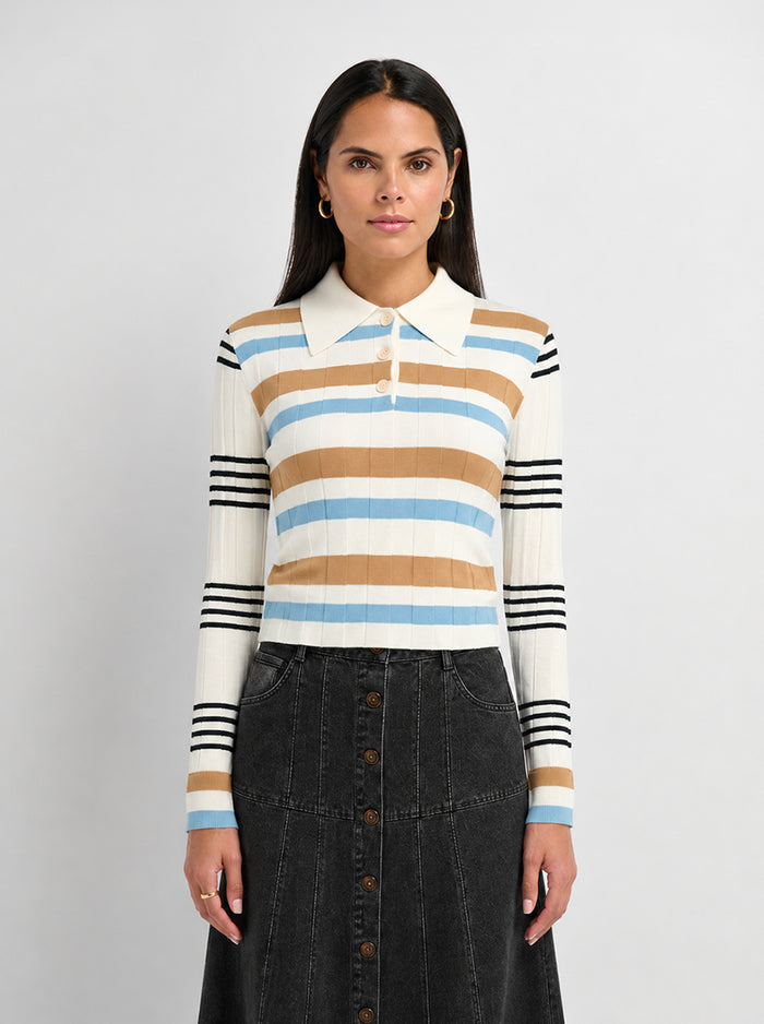 Mixed Stripe Ribbed Polo - Tan/Light Blue