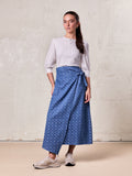 Mock Wrap Edged Detail Skirt-Blue Floral