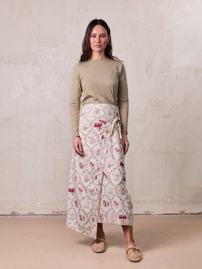 Mock Wrap Edged Detail Skirt-Floral Vines