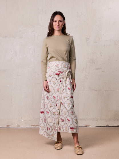 Mock Wrap Edged Detail Skirt-Floral Vines