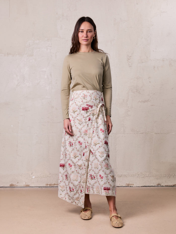 Mock Wrap Edged Detail Skirt-Floral Vines