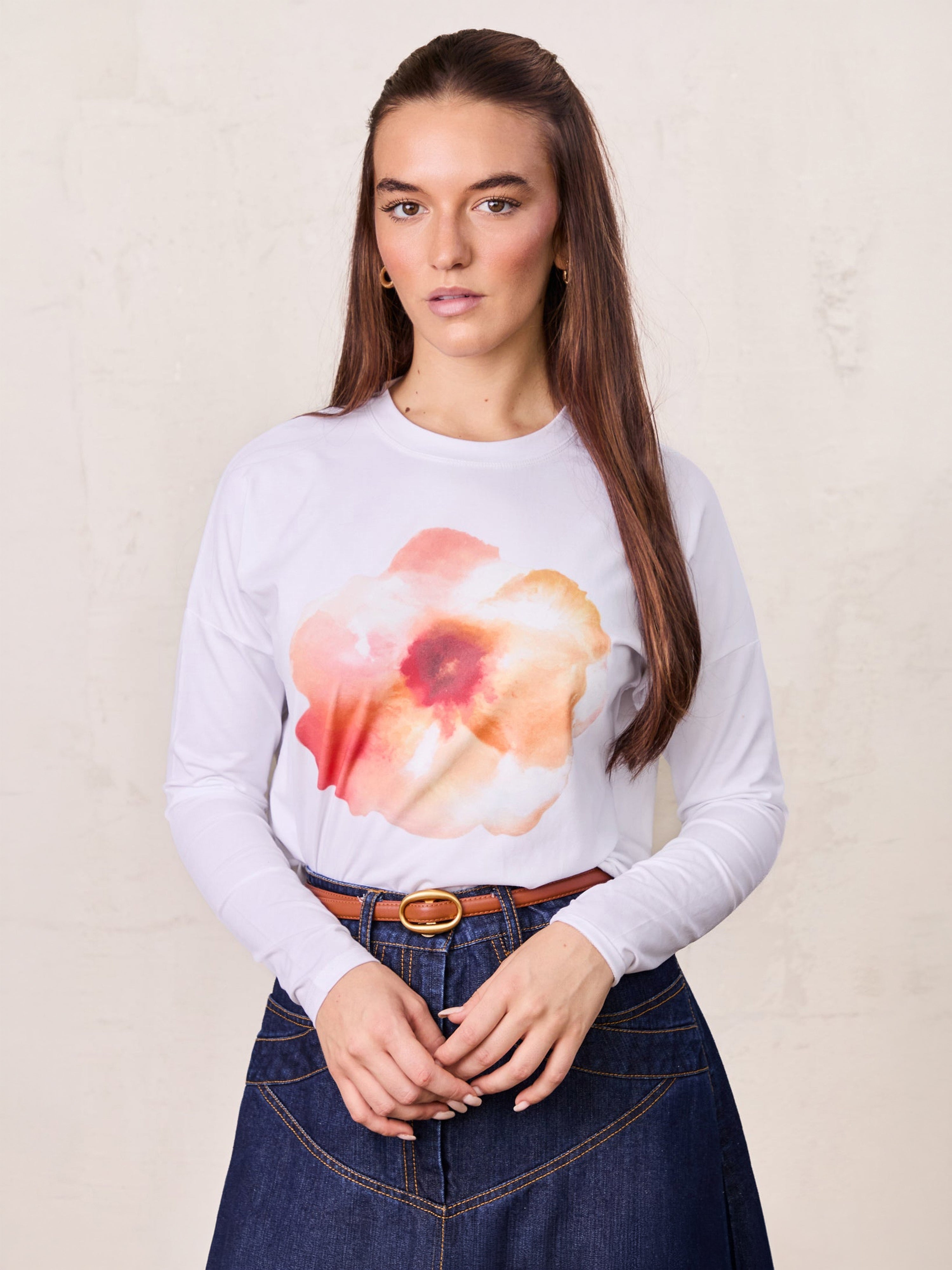 Motif Printed Tee-Peach Flower