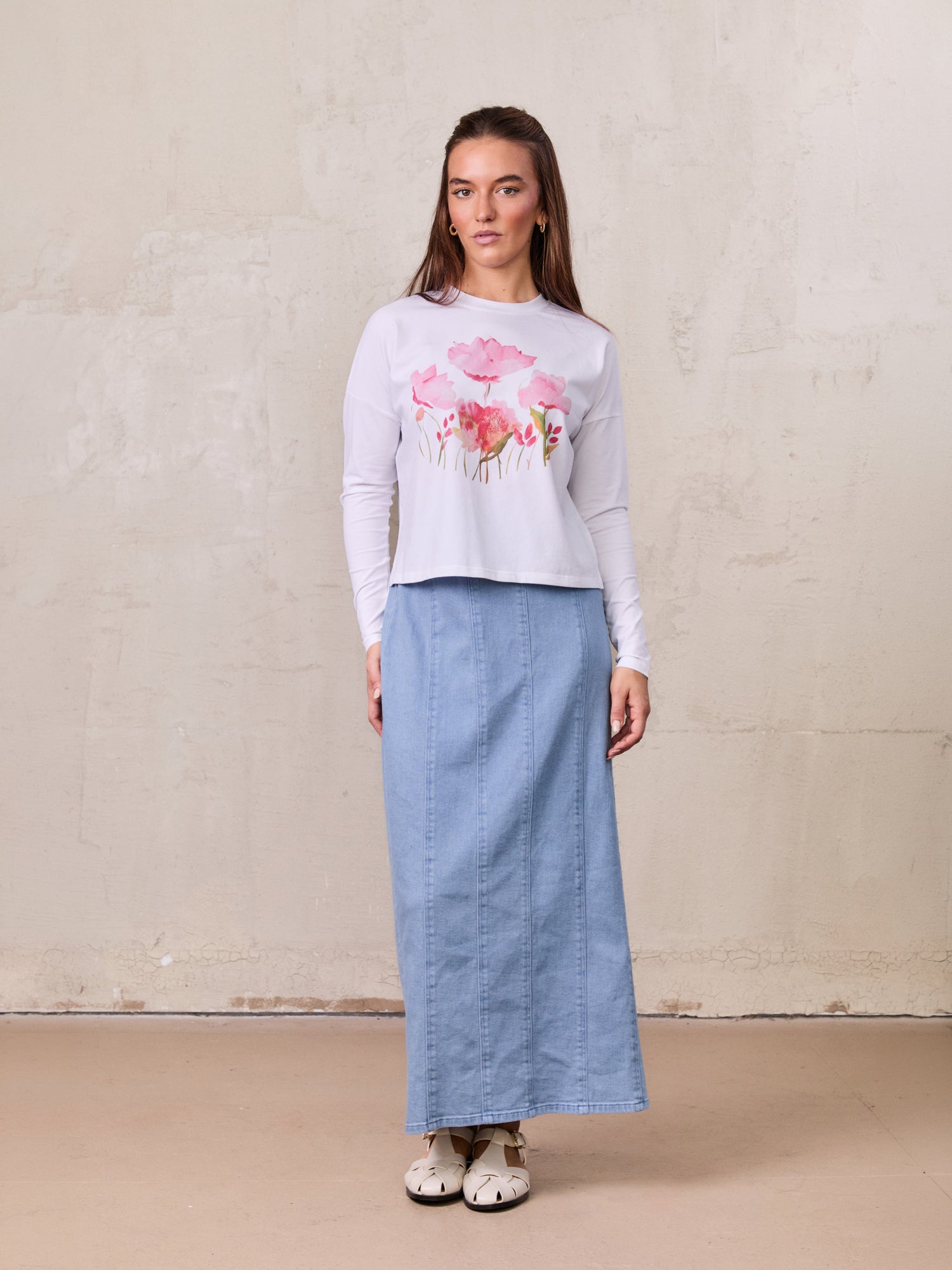 Motif Printed Tee-Pink Flower