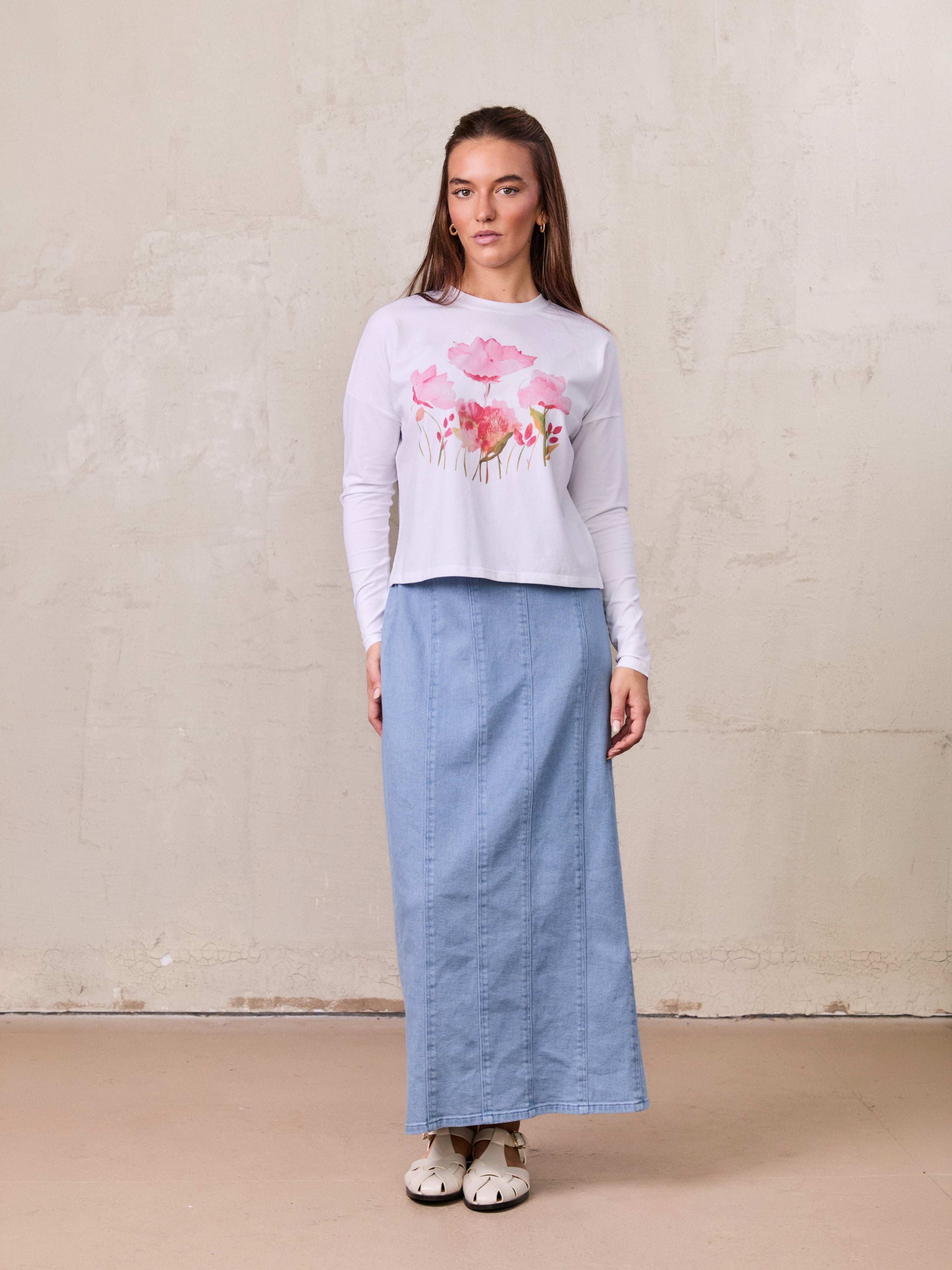 Motif Printed Tee-Pink Flower