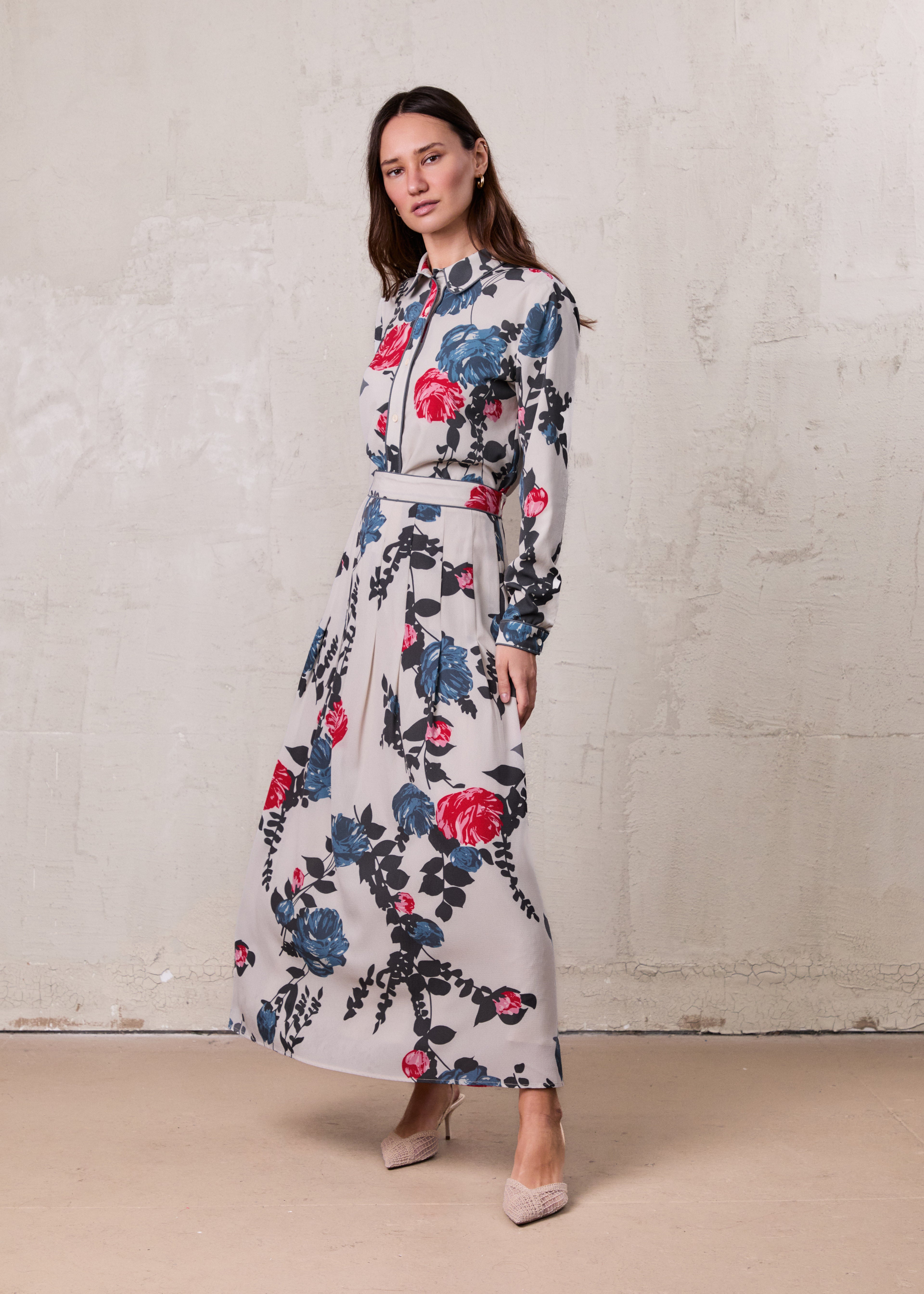 Piped Button Down Blouse-Floral