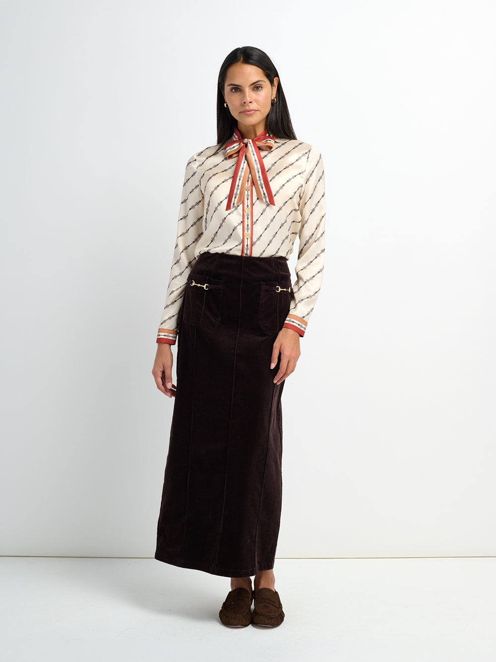 Chain Detail Corduroy Skirt - Brown