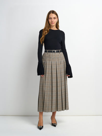 Pocket Design Yoke Pleated Skirt - Black/Tan Plaid