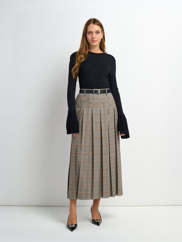 Pocket Design Yoke Pleated Skirt - Black/Tan Plaid