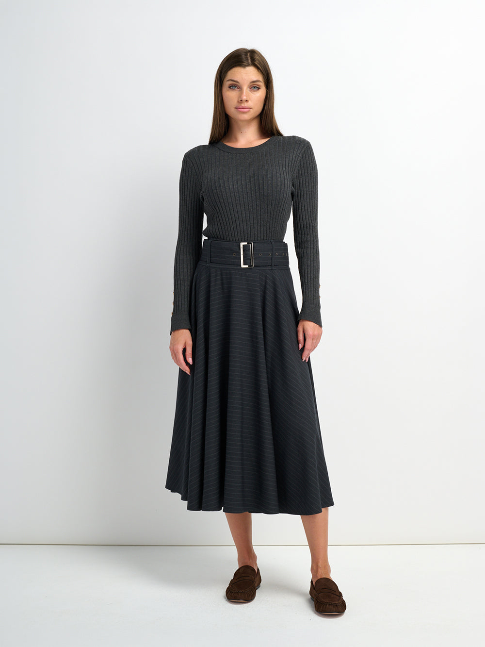 High Waisted Circle Skirt - Grey Pinstripe