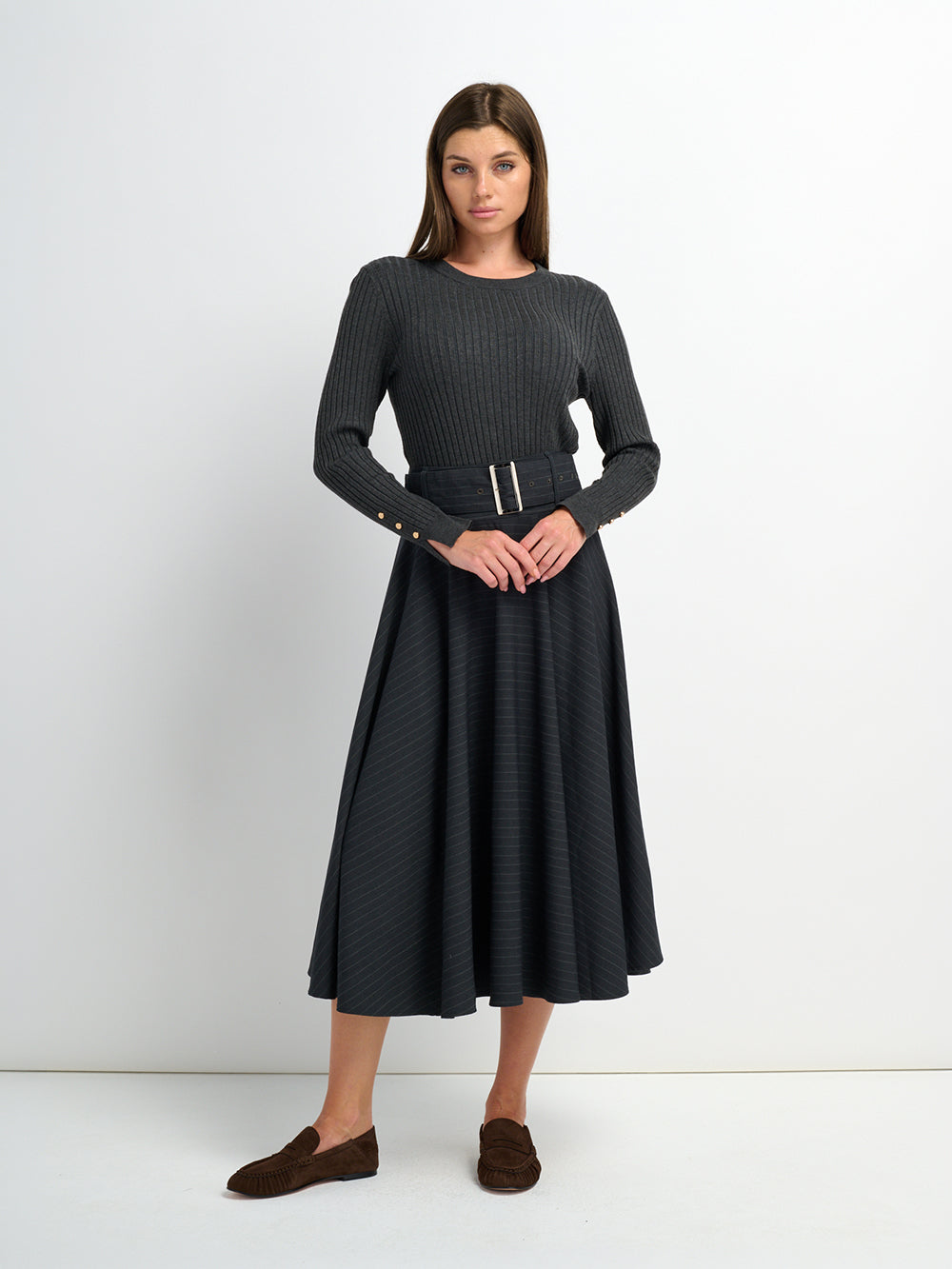 High Waisted Circle Skirt - Grey Pinstripe