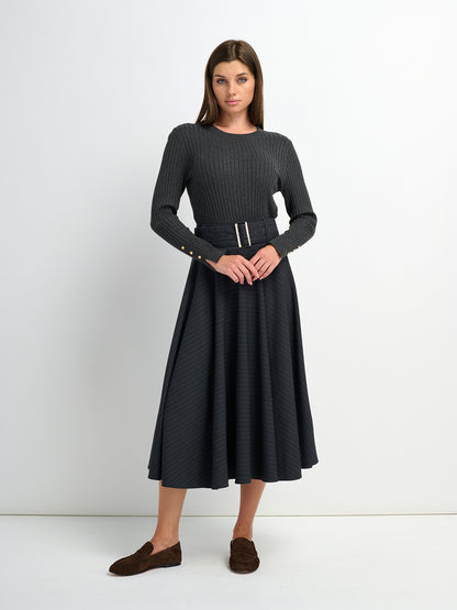 High Waisted Circle Skirt - Grey Pinstripe