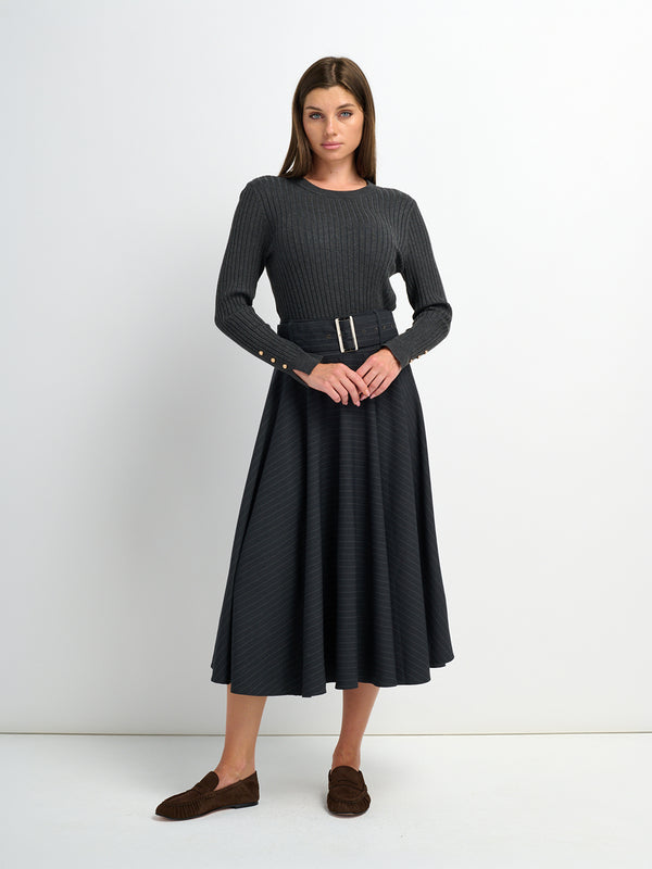 High Waisted Circle Skirt - Grey Pinstripe
