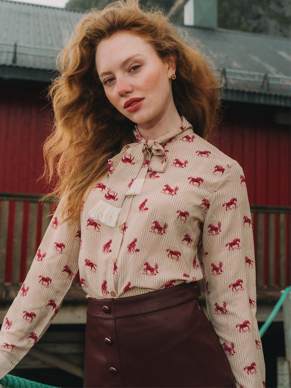 Printed Tassel Bow Blouse - Burgundy Pony