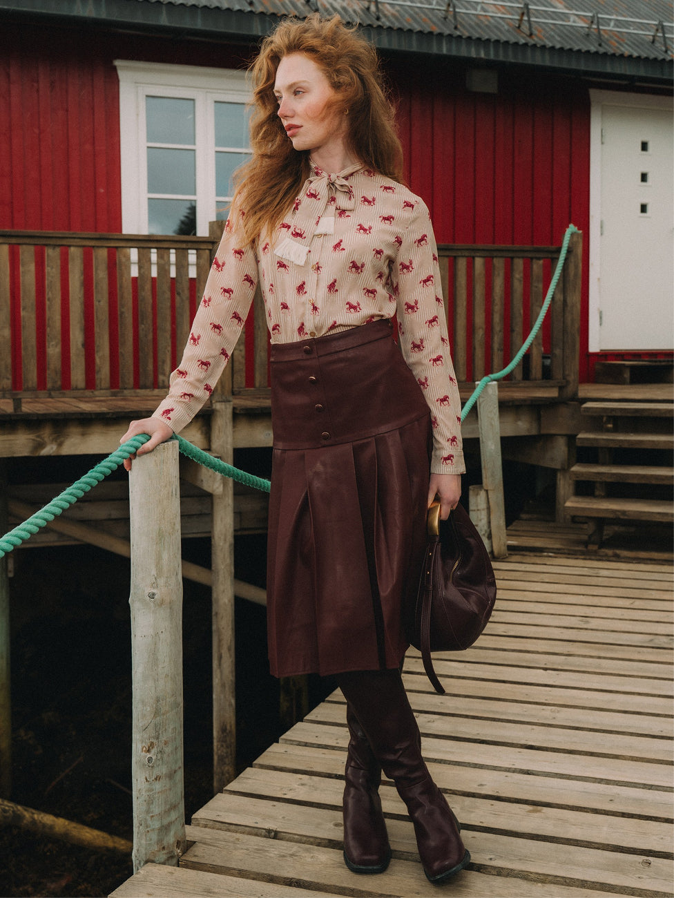 Printed Tassel Bow Blouse - Burgundy Pony
