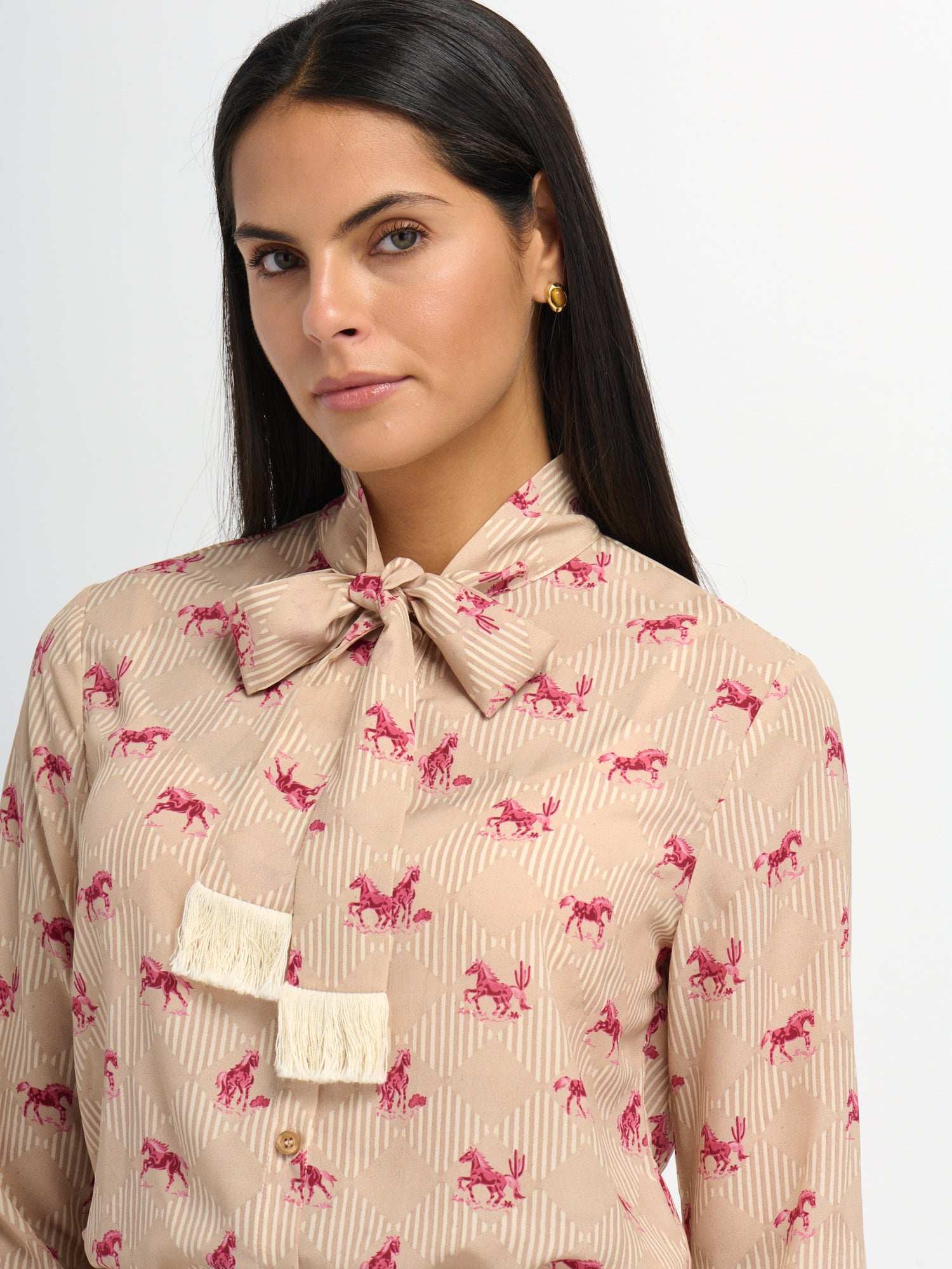 Printed Tassel Bow Blouse - Burgundy Pony