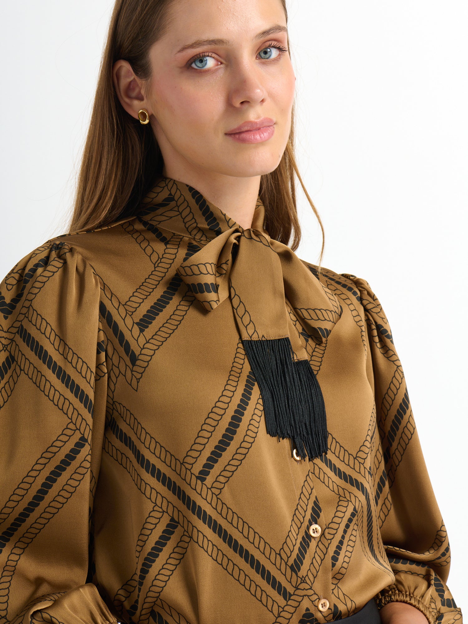 Printed Tassel Bow Blouse - Chain Design
