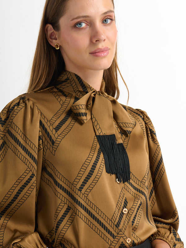Printed Tassel Bow Blouse - Chain Design