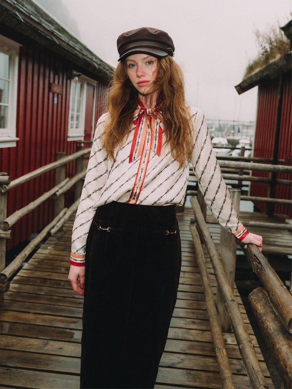 Button Down Bow Blouse - Boarder Print