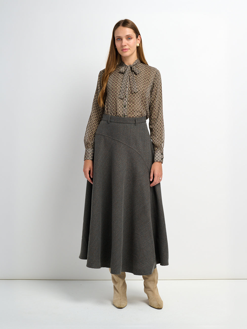 Curved Seam Full Skirt - Multi Herringbone