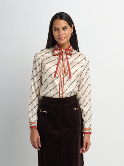 Button Down Bow Blouse - Boarder Print
