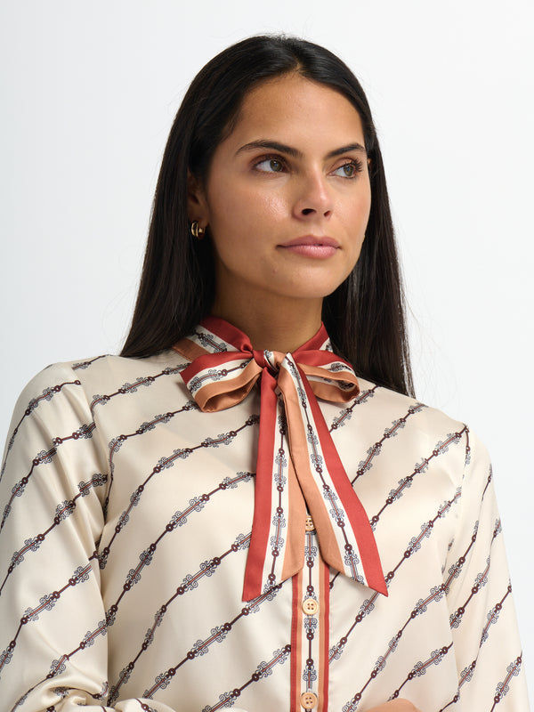 Button Down Bow Blouse - Boarder Print